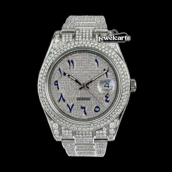 Rolex Diamond Paved Dial Blue Arabic Numerals Fully Iced Out Oyster Bracelet Moissanite Watch Front View