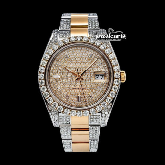 Rolex Diamond Paved Dial Diamond Stick Markers Two Tone Oyster Bracelet Iced Out Moissanite Watch Front View