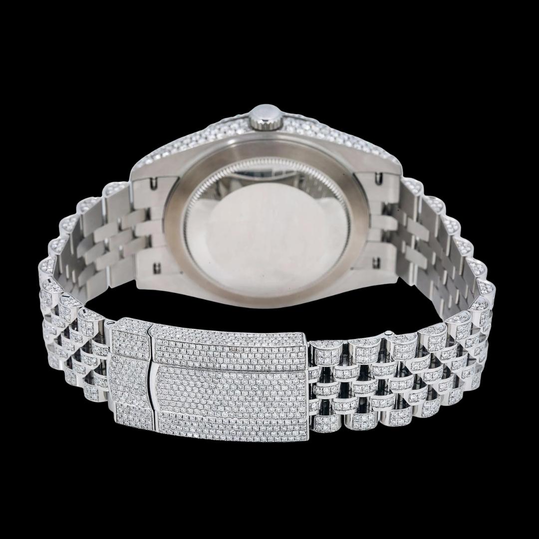 Rolex Diamond Paved Dial Green Roman Numerals Jubilee Bracelet Fully Iced Out Moissanite Watch Caseback View