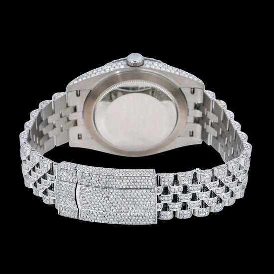 Rolex Diamond Paved Dial Green Roman Numerals Jubilee Bracelet Fully Iced Out Moissanite Watch Caseback View