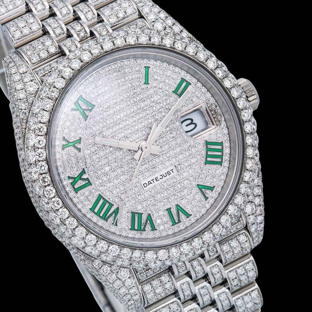 Rolex Diamond Paved Dial Green Roman Numerals Jubilee Bracelet Fully Iced Out Moissanite Watch Close Up Dial View