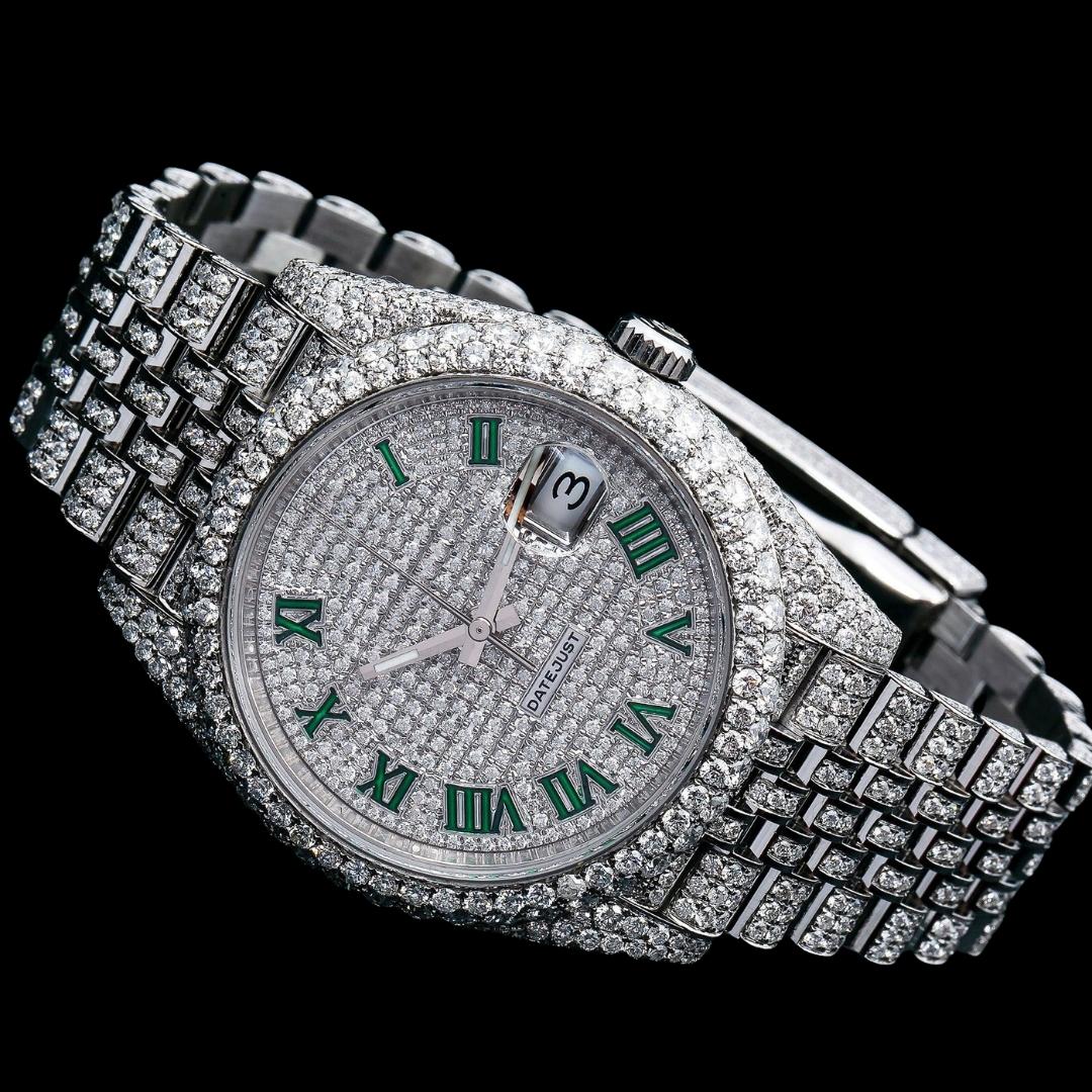 Rolex Diamond Paved Dial Green Roman Numerals Jubilee Bracelet Fully Iced Out Moissanite Watch Close Up Front View