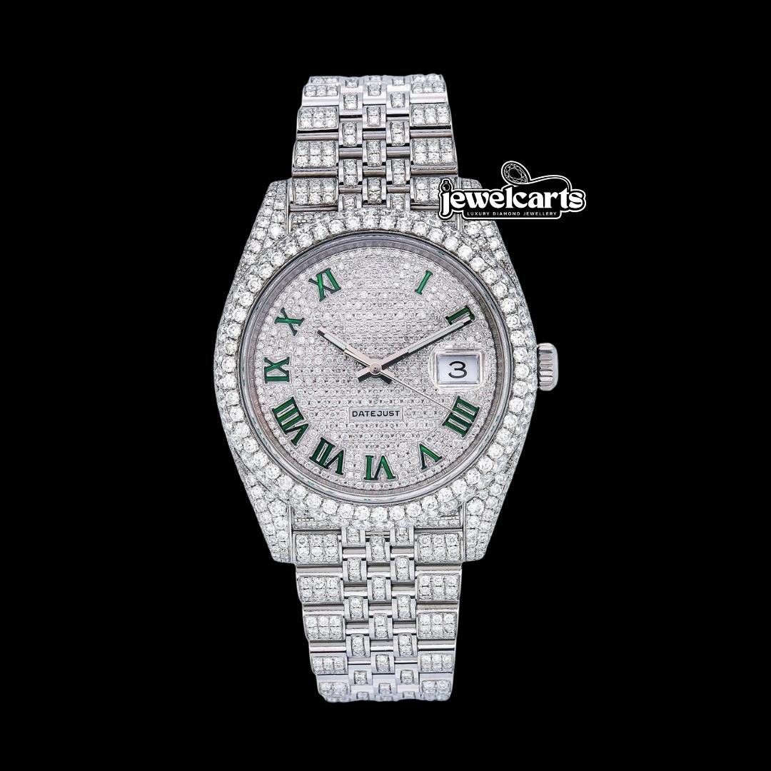 Rolex Diamond Paved Dial Green Roman Numerals Jubilee Bracelet Fully Iced Out Moissanite Watch Front View