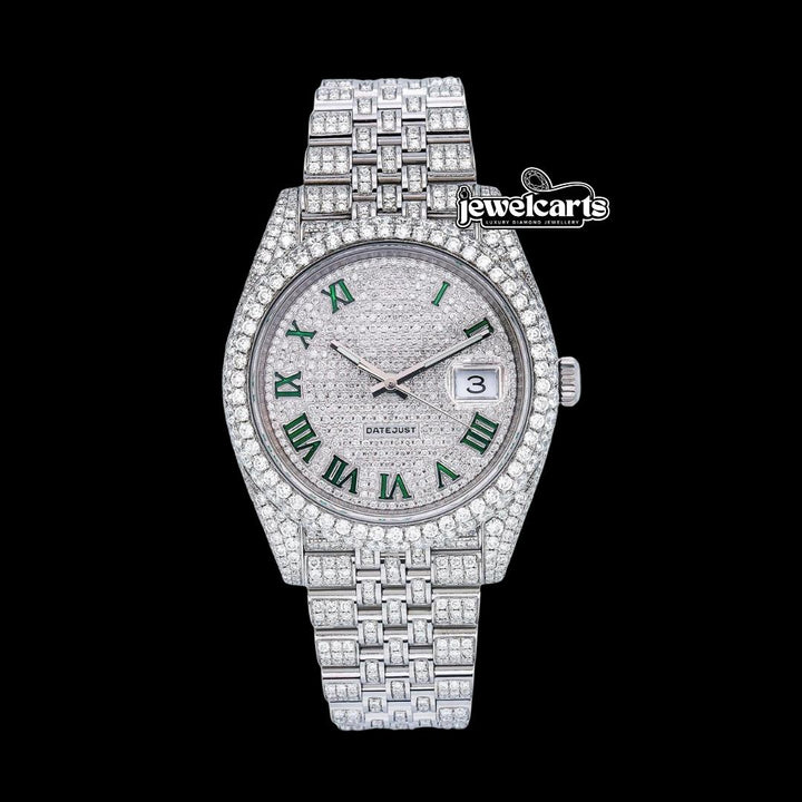 Rolex Diamond Paved Dial Green Roman Numerals Jubilee Bracelet Fully Iced Out Moissanite Watch Front View