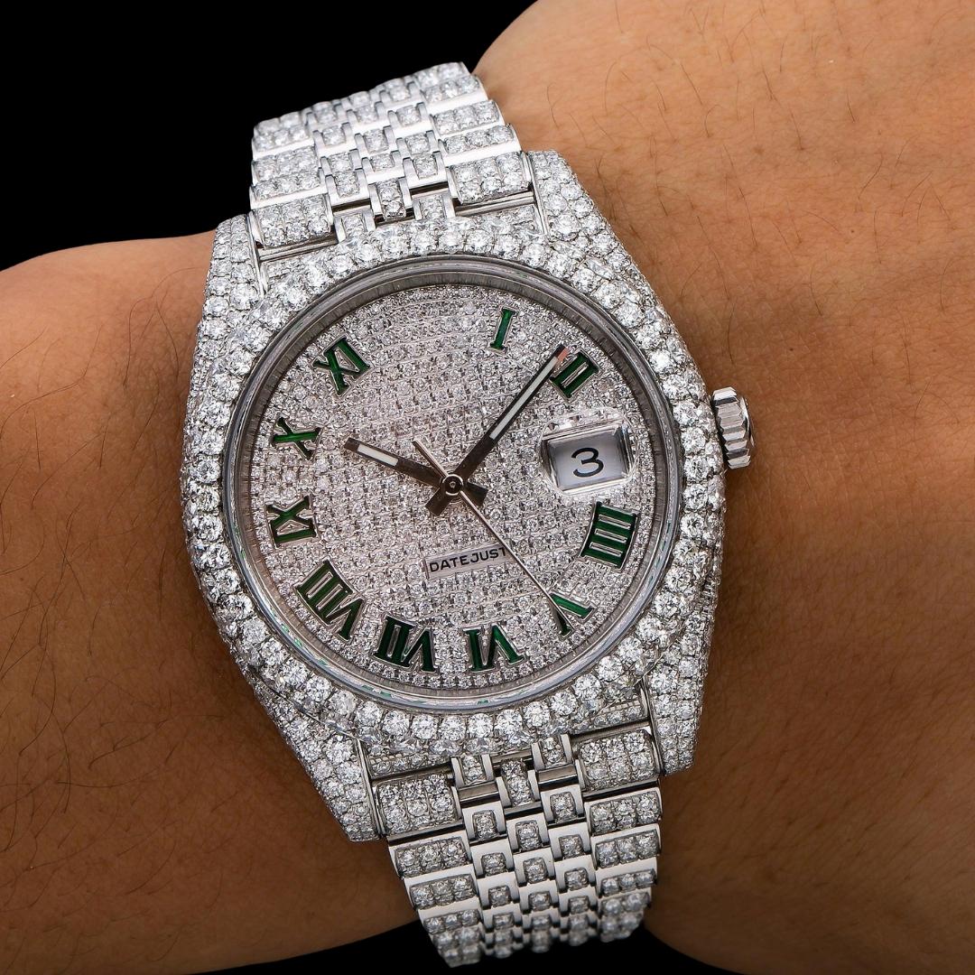 Rolex Diamond Paved Dial Green Roman Numerals Jubilee Bracelet Fully Iced Out Moissanite Watch On Wrist View