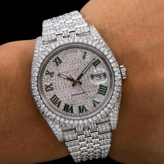 Rolex Diamond Paved Dial Green Roman Numerals Jubilee Bracelet Fully Iced Out Moissanite Watch On Wrist View