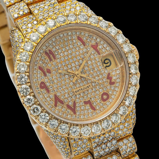 Rolex Diamond Paved Dial Red Arabic Numerals Iced Out President Bracelet Yellow Gold Moissanite Watch Close Up Dial View