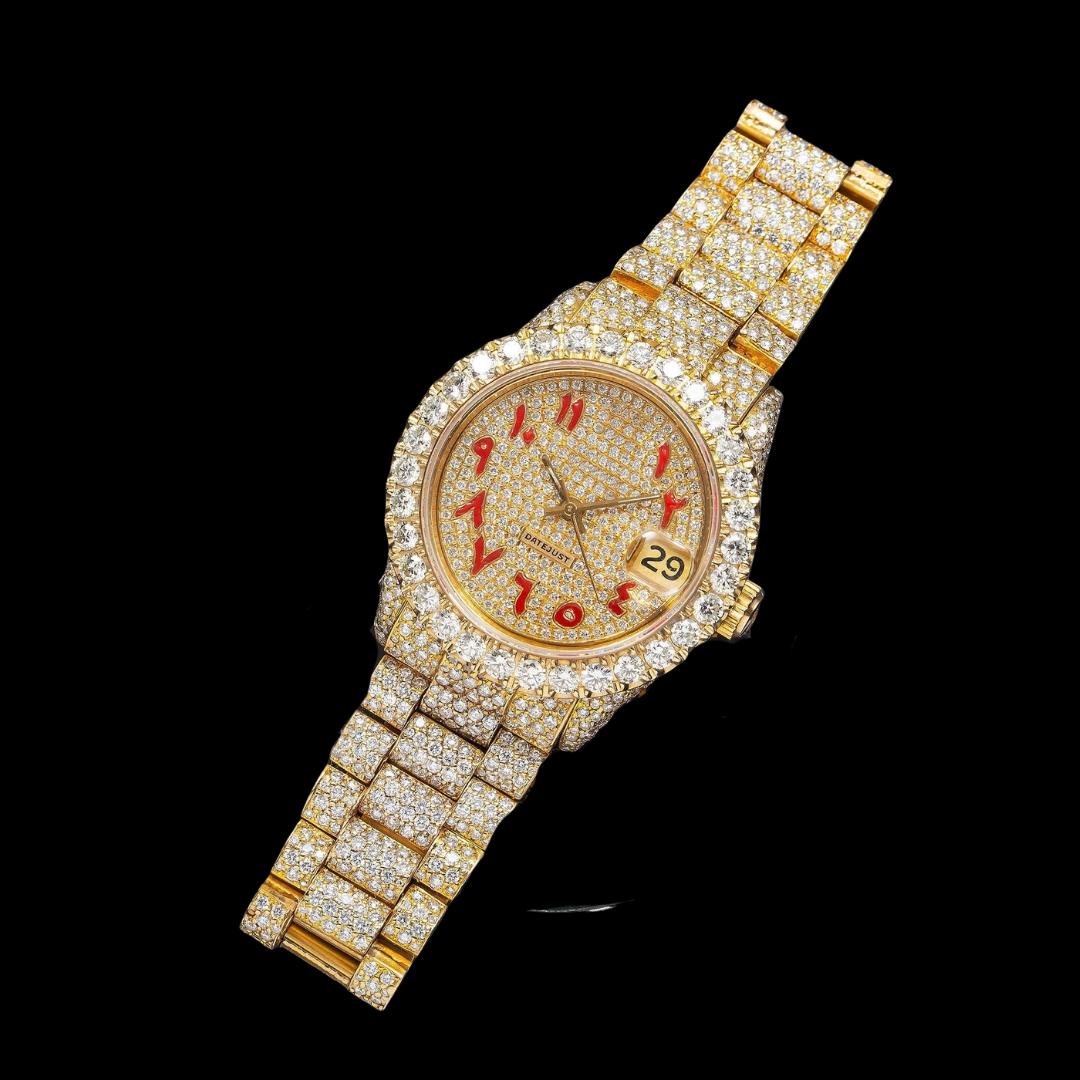 Rolex Diamond Paved Dial Red Arabic Numerals Iced Out President Bracelet Yellow Gold Moissanite Watch Close Up Front View