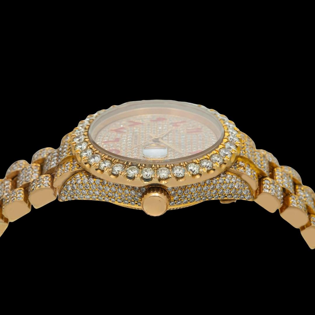 Rolex Diamond Paved Dial Red Arabic Numerals Iced Out President Bracelet Yellow Gold Moissanite Watch Crown View