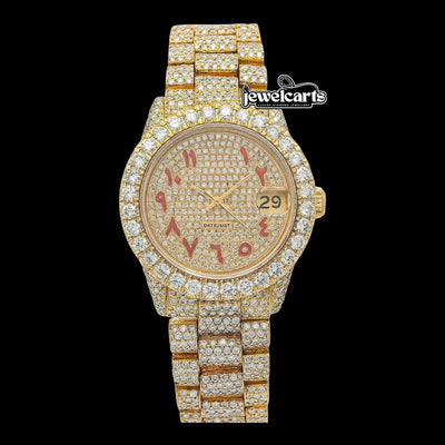 Rolex Diamond Paved Dial Red Arabic Numerals Iced Out President Bracelet Yellow Gold Moissanite Watch