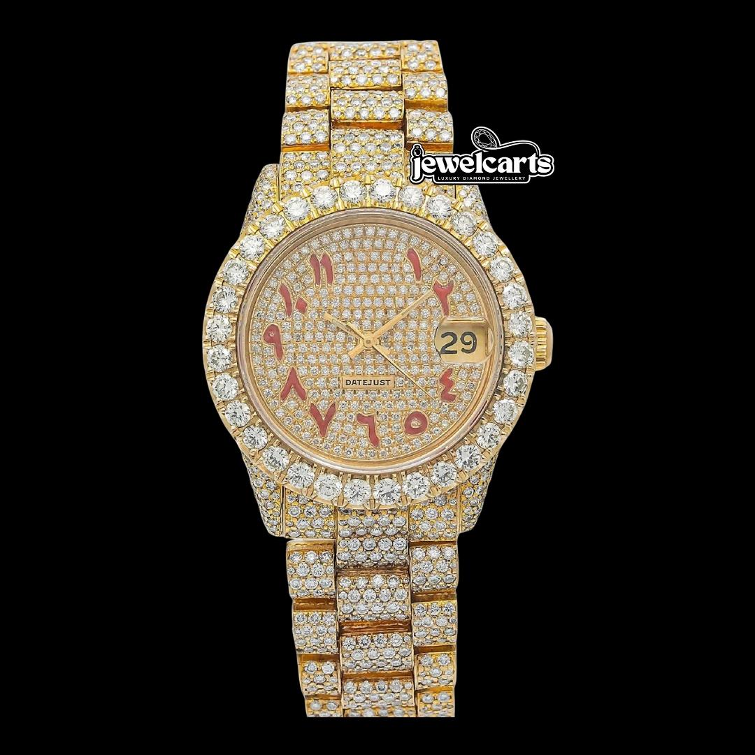 Rolex Diamond Paved Dial Red Arabic Numerals Iced Out President Bracelet Yellow Gold Moissanite Watch Front View
