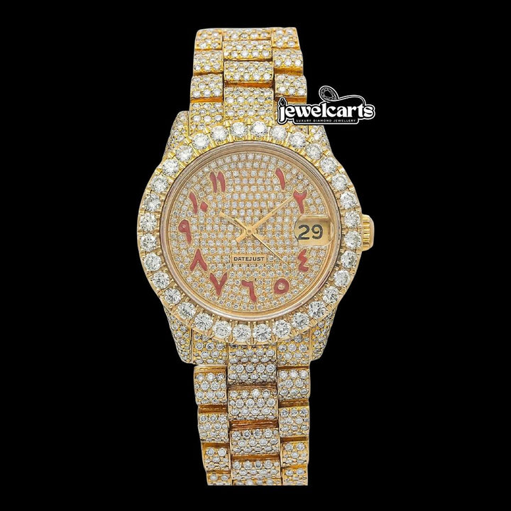 Rolex Diamond Paved Dial Red Arabic Numerals Iced Out President Bracelet Yellow Gold Moissanite Watch Front View