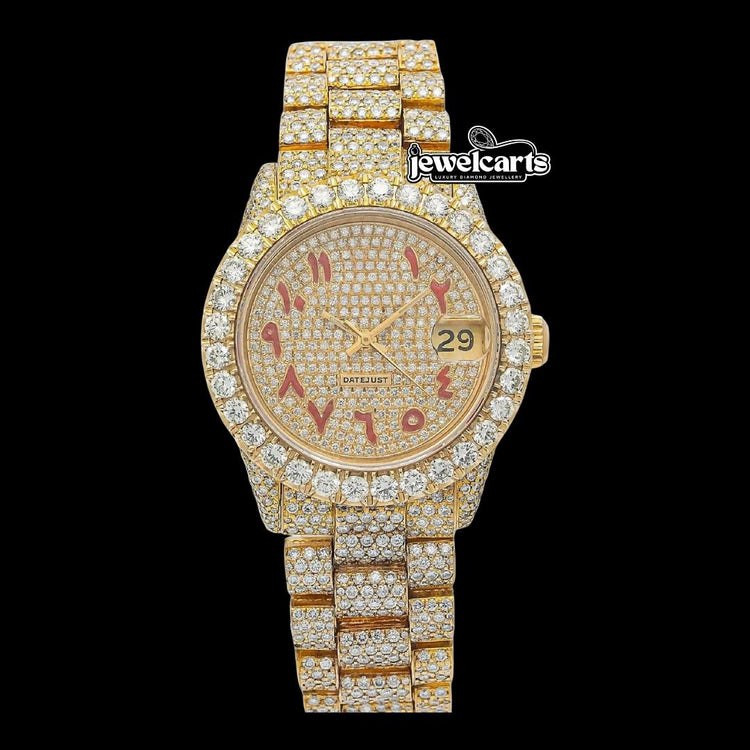 Rolex Diamond Paved Dial Red Arabic Numerals Iced Out President Bracelet Yellow Gold Moissanite Watch Front View