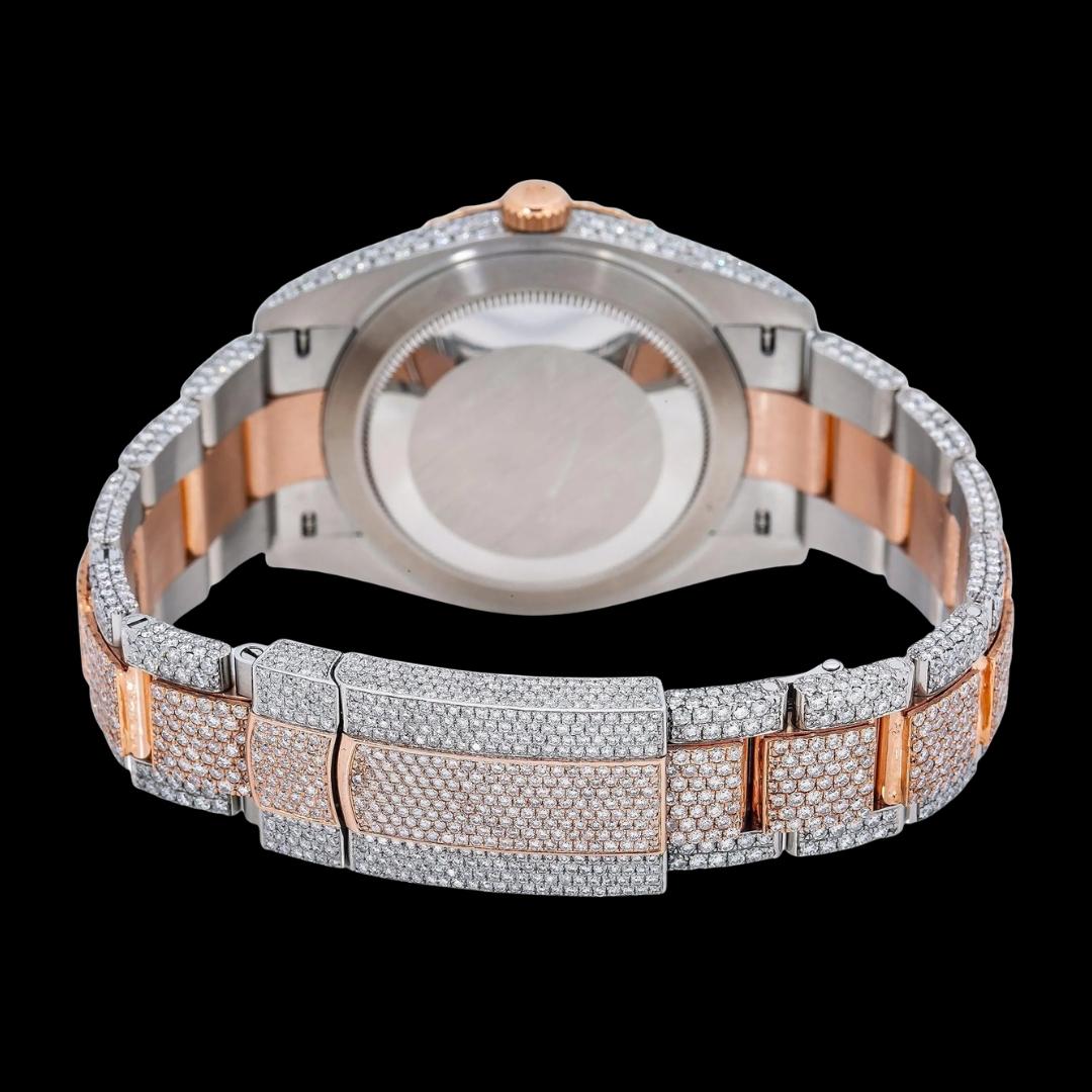 Rolex Diamond Paved Dial Red Roman Numerals Two Tone Rose Gold Fully Iced Out Oyster Bracelet Moissanite Watch Caseback View