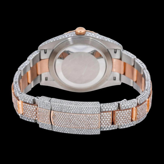 Rolex Diamond Paved Dial Red Roman Numerals Two Tone Rose Gold Fully Iced Out Oyster Bracelet Moissanite Watch Caseback View