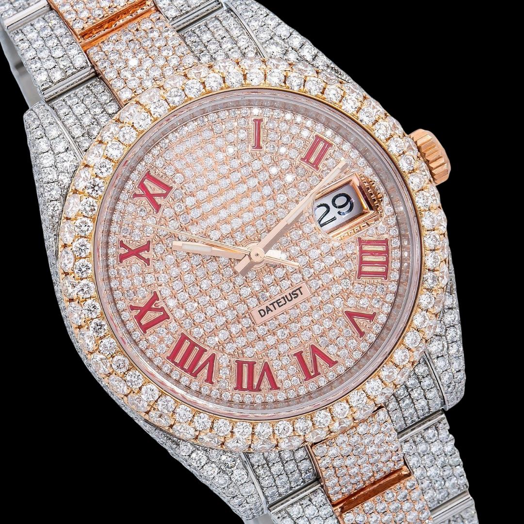 Rolex Diamond Paved Dial Red Roman Numerals Two Tone Rose Gold Fully Iced Out Oyster Bracelet Moissanite Watch Close Up Dial View