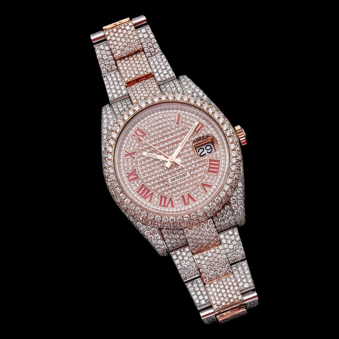 Rolex Diamond Paved Dial Red Roman Numerals Two Tone Rose Gold Fully Iced Out Oyster Bracelet Moissanite Watch Close Up Front View