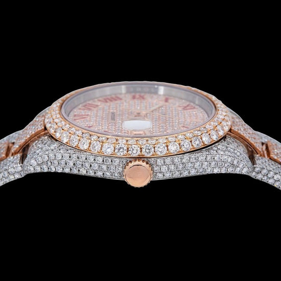 Rolex Diamond Paved Dial Red Roman Numerals Two Tone Rose Gold Fully Iced Out Oyster Bracelet Moissanite Watch Crown View
