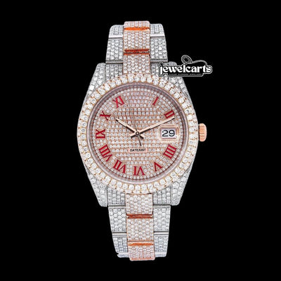 Rolex Diamond Paved Dial Red Roman Numerals Two Tone Rose Gold Fully Iced Out Oyster Bracelet Moissanite Watch