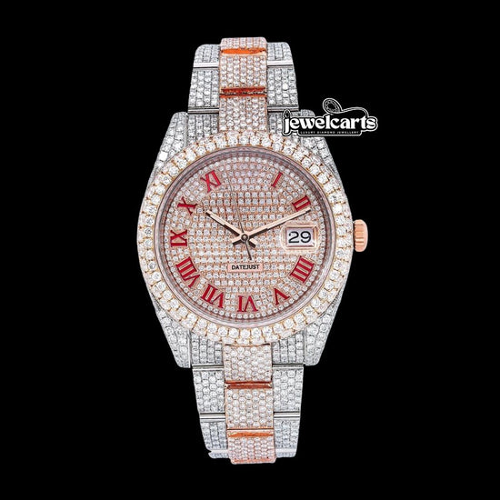 Rolex Diamond Paved Dial Red Roman Numerals Two Tone Rose Gold Fully Iced Out Oyster Bracelet Moissanite Watch Front View