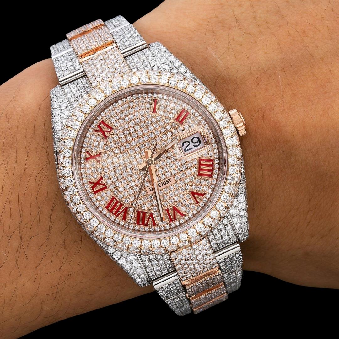 Rolex Diamond Paved Dial Red Roman Numerals Two Tone Rose Gold Fully Iced Out Oyster Bracelet Moissanite Watch On Wrist View