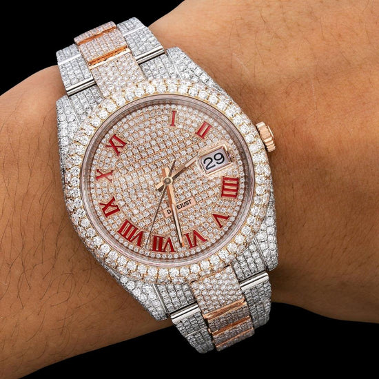 Rolex Diamond Paved Dial Red Roman Numerals Two Tone Rose Gold Fully Iced Out Oyster Bracelet Moissanite Watch On Wrist View