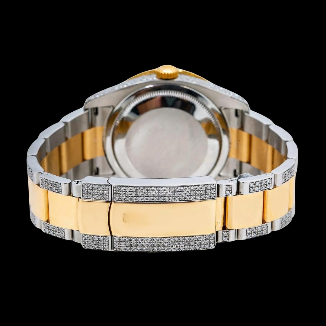 Rolex Diamond Paved Rainbow Stick Markers Dial Two Tone Yellow Gold Semi Iced Oyster Bracelet Watch Caseback View
