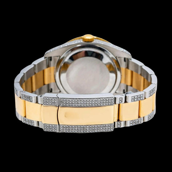 Rolex Diamond Paved Rainbow Stick Markers Dial Two Tone Yellow Gold Semi Iced Oyster Bracelet Watch Caseback View