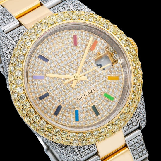 Rolex Diamond Paved Rainbow Stick Markers Dial Two Tone Yellow Gold Semi Iced Oyster Bracelet Watch Close Up Dial View