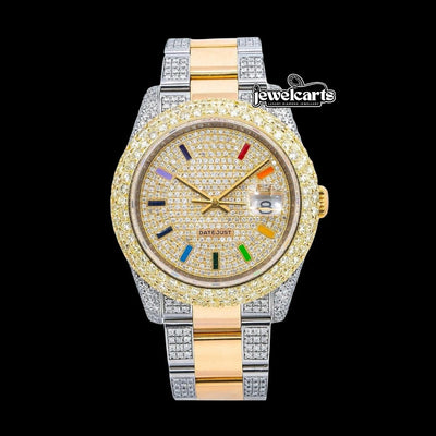 Rolex Diamond Paved Rainbow Stick Markers Dial Two Tone Yellow Gold Semi Iced Oyster Bracelet Watch