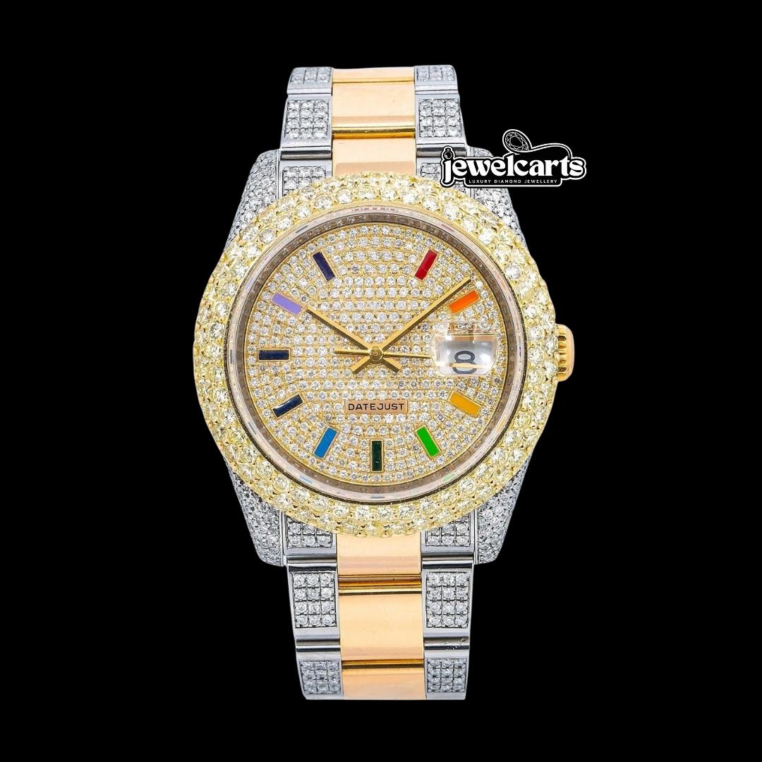 Rolex Diamond Paved Rainbow Stick Markers Dial Two Tone Yellow Gold Semi Iced Oyster Bracelet Watch Front View