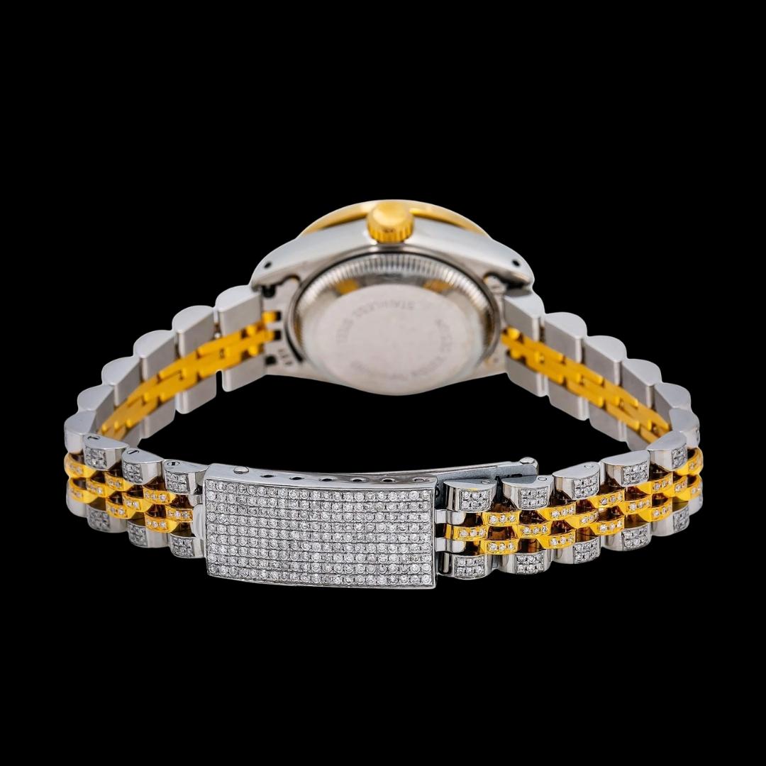 Rolex Diamond Paved Roman Dial Two Tone Jubilee Bracelet Yellow Gold Iced Out Moissanite Watch Caseback View