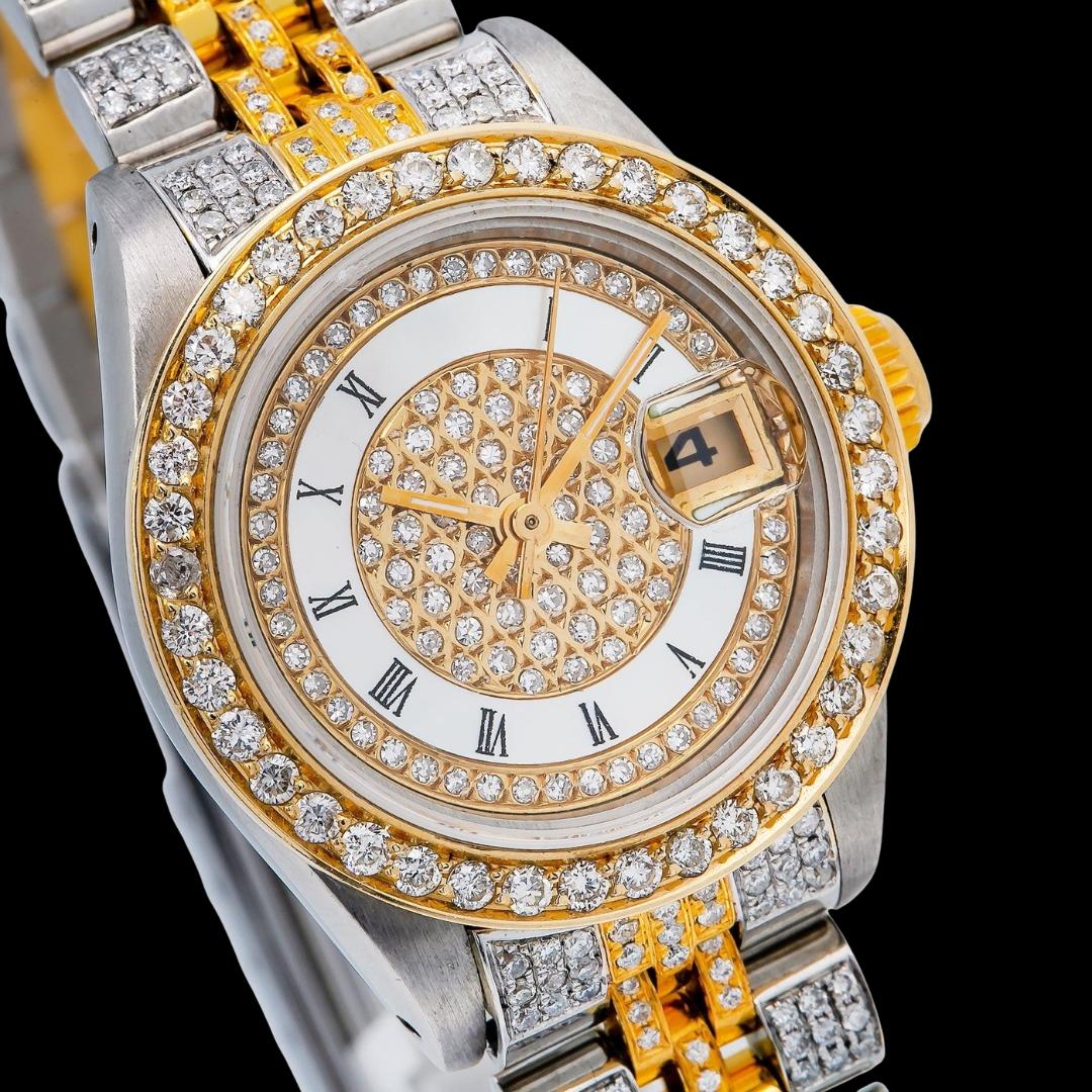 Rolex Diamond Paved Roman Dial Two Tone Jubilee Bracelet Yellow Gold Iced Out Moissanite Watch Close Up Dial View