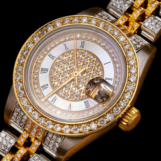 Rolex Diamond Paved Roman Dial Two Tone Jubilee Bracelet Yellow Gold Iced Out Moissanite Watch Close Up Front View