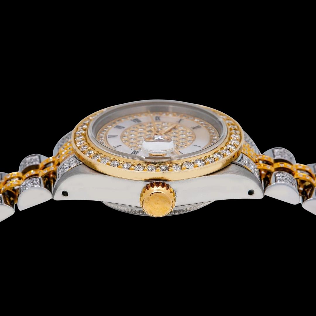 Rolex Diamond Paved Roman Dial Two Tone Jubilee Bracelet Yellow Gold Iced Out Moissanite Watch Crown View
