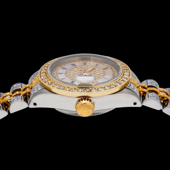 Rolex Diamond Paved Roman Dial Two Tone Jubilee Bracelet Yellow Gold Iced Out Moissanite Watch Crown View