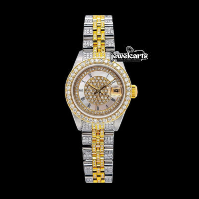 Rolex Diamond Paved Roman Dial Two Tone Jubilee Bracelet Yellow Gold Iced Out Moissanite Watch