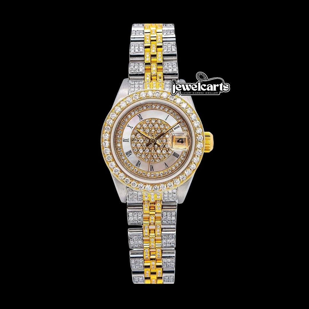 Rolex Diamond Paved Roman Dial Two Tone Jubilee Bracelet Yellow Gold Iced Out Moissanite Watch Front View
