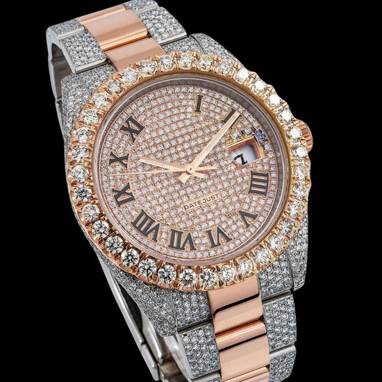Rolex Diamond Paved Roman Dial Two Tone Rose Gold Iced Out Oyster Bracelet Iced Out Moissanite Watch Close Up Dial View