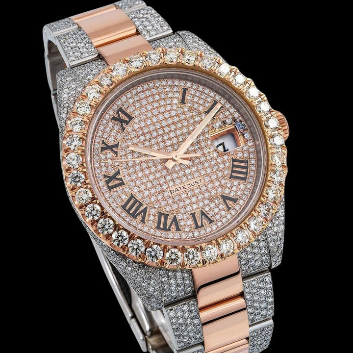 Rolex Diamond Paved Roman Dial Two Tone Rose Gold Iced Out Oyster Bracelet Iced Out Moissanite Watch Close Up Dial View