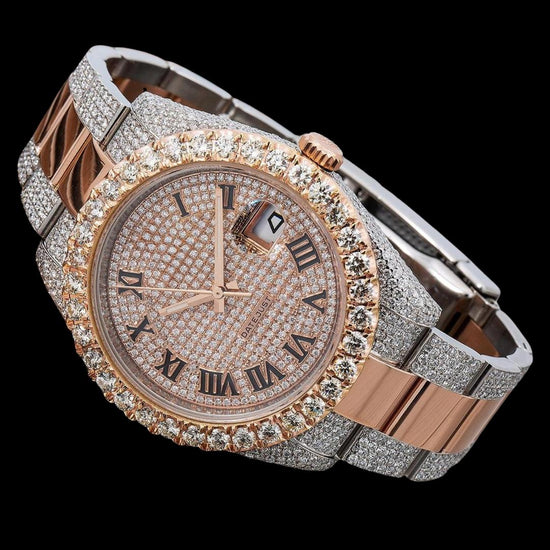 Rolex Diamond Paved Roman Dial Two Tone Rose Gold Iced Out Oyster Bracelet Iced Out Moissanite Watch Close Up Front View