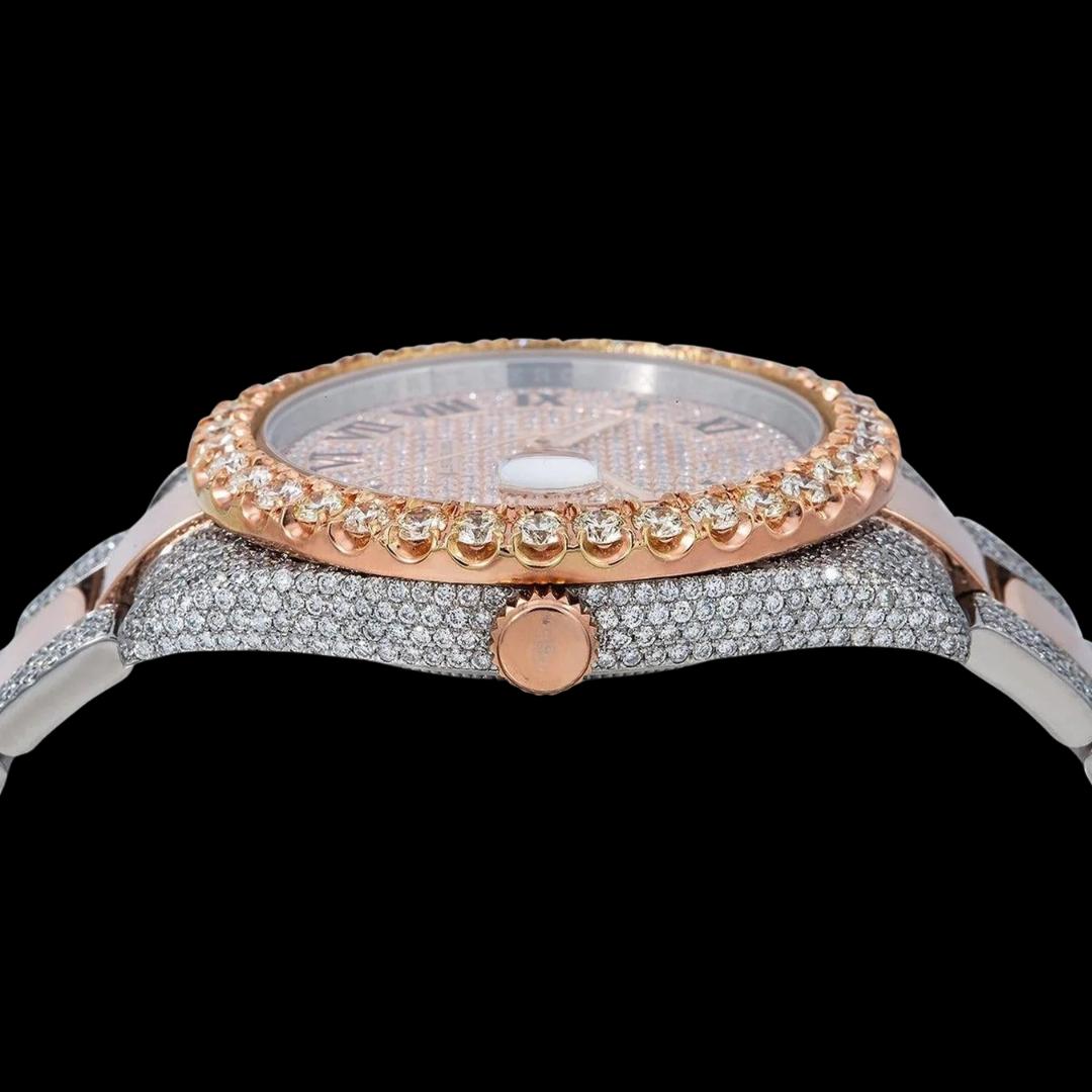 Rolex Diamond Paved Roman Dial Two Tone Rose Gold Iced Out Oyster Bracelet Iced Out Moissanite Watch Crown View