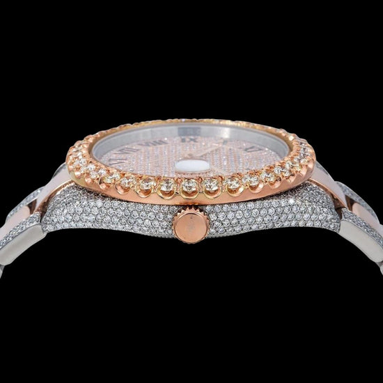 Rolex Diamond Paved Roman Dial Two Tone Rose Gold Iced Out Oyster Bracelet Iced Out Moissanite Watch Crown View