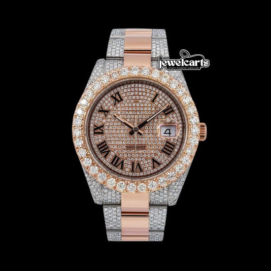 Rolex Diamond Paved Roman Dial Two Tone Rose Gold Iced Out Oyster Bracelet Iced Out Moissanite Watch Front View