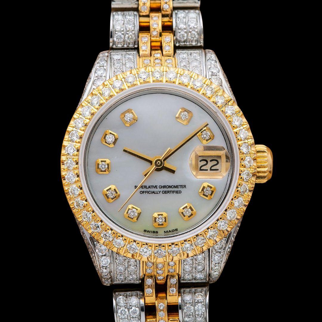 Rolex Mother of Pearl White Dial Diamond Markers Two Tone Yellow Gold Jubilee Strap Moissanite Watch Close Up Diamond Markers View