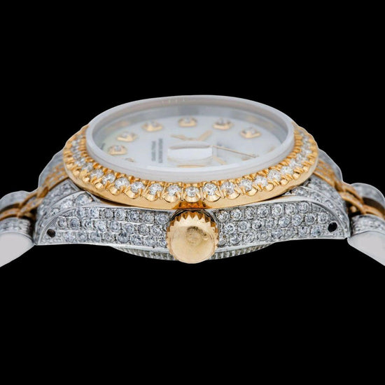 Rolex Mother of Pearl White Dial Diamond Markers Two Tone Yellow Gold Jubilee Strap Moissanite Watch Crown View