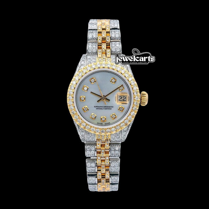 Rolex Mother of Pearl White Dial Diamond Markers Two Tone Yellow Gold Jubilee Strap Moissanite Watch Front View