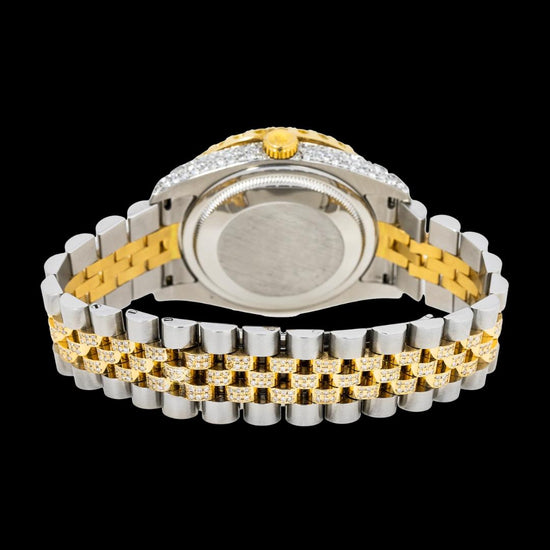 Rolex Pink Floral Diamond Dial Two Tone Yellow Gold Semi Iced Out Jubilee Bracelet Moissanite Watch Caseback View