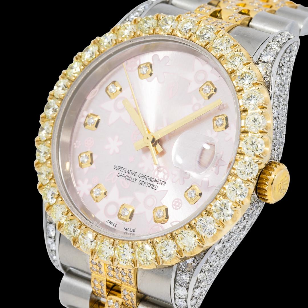Rolex Pink Floral Diamond Dial Two Tone Yellow Gold Semi Iced Out Jubilee Bracelet Moissanite Watch Close Up Dial View