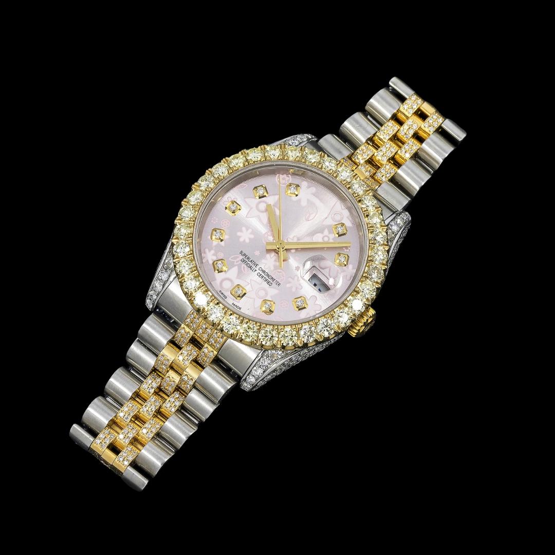 Rolex Pink Floral Diamond Dial Two Tone Yellow Gold Semi Iced Out Jubilee Bracelet Moissanite Watch Close Up Front View